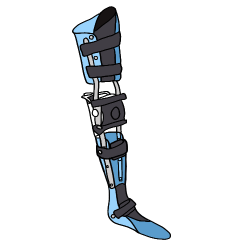 A light blue left Knee Ankle Foot Orthosis (KAFO).